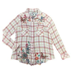 Johnny Was Workshop Shirt Womens Large Blue Plaid Embroidered Birds Floral Boho